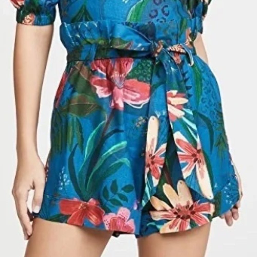 Farm Rio Blue Tropical Jungle Paper Bag Shorts Size XS Blue Floral